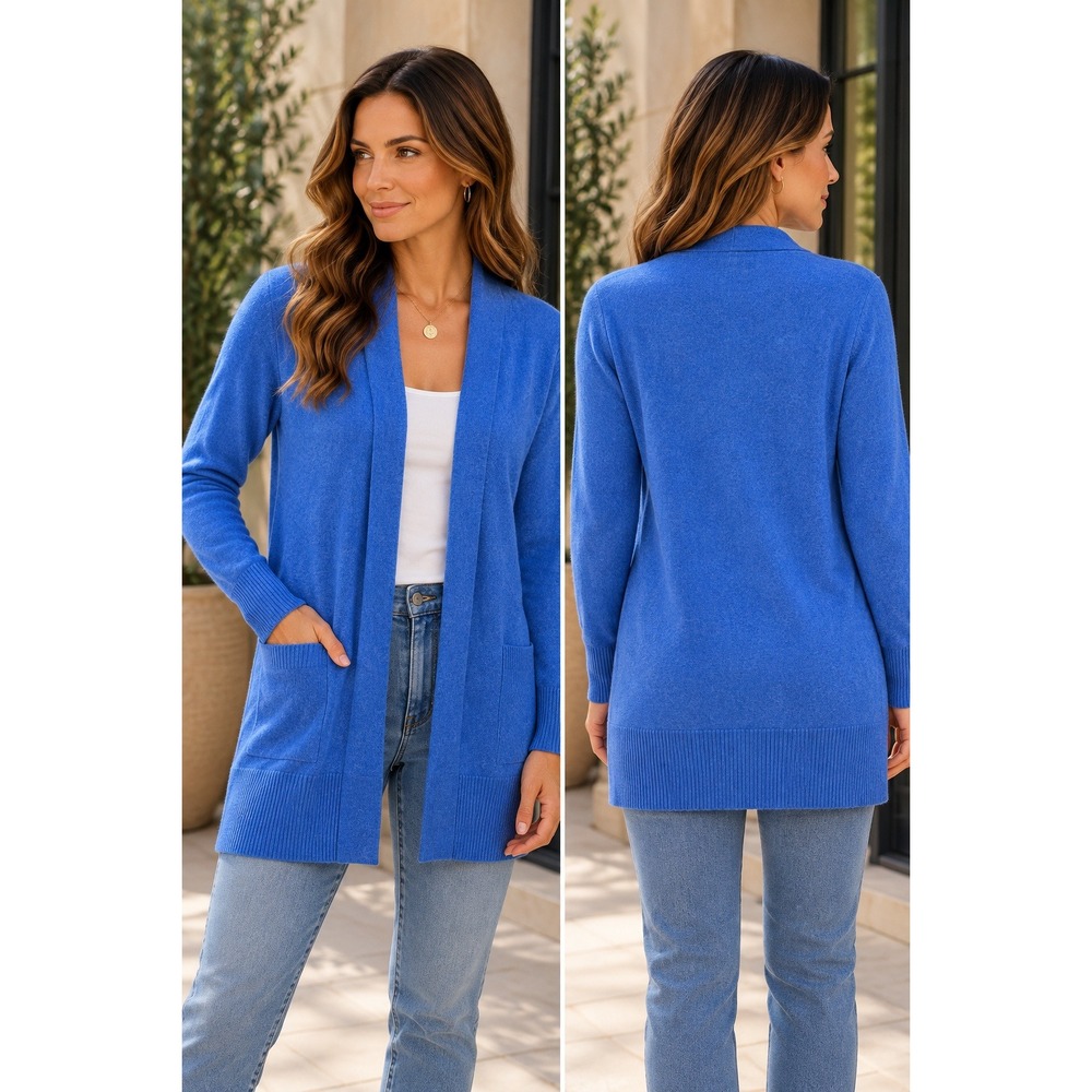 WoolOvers Merino Wool Cashmere Longline Duster Cardigan Sweater Blue Medium M